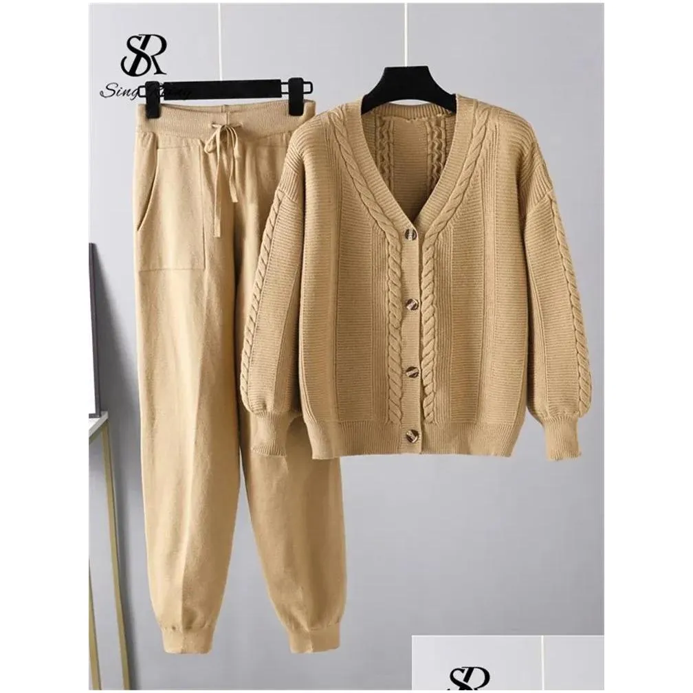 Suits SINGREINY Winter Fashion Knitted Two Pieces Suits V Neck Button Loose Cardigan+Pocket Drawstring Long Pant Women Sweater Sets