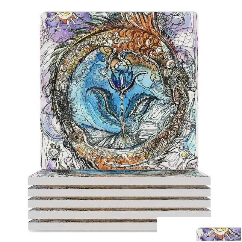 Table Mats Serpent Ring Watercolor Ceramic Coasters (Square) Cup Pads Slate Tea Holder