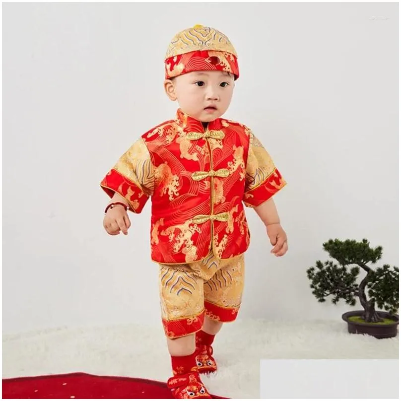 Ethnic Clothing Baby Boys Chinese Style Embroidered Hanfu Tops Pants Hat Sets Tang Suit Kids Year Birthday Outfits Oriental