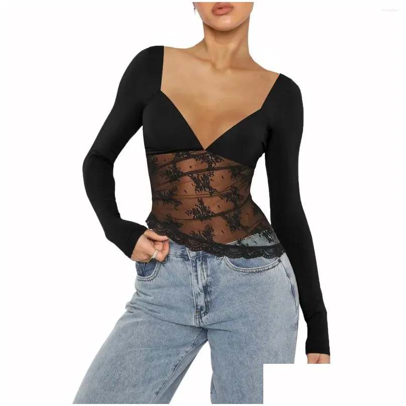 Women`s T Shirts Women Y2k Lace Long Sleeve Top Sexy Mesh See Through Floral Slim Fit V Neck Cropped Going Out Streetwear