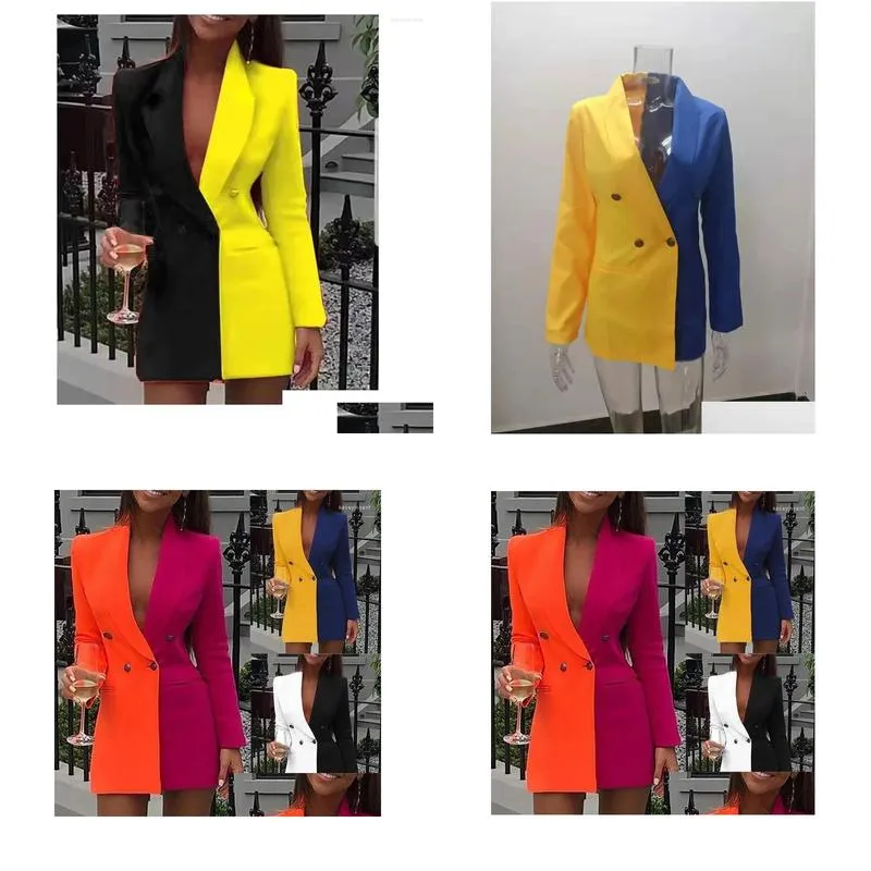 Women`s Suits 2024 Autumn And Winter Color Collision Splicing OL Professional Dresses V Collar Cardigan Blazer Short Skirt