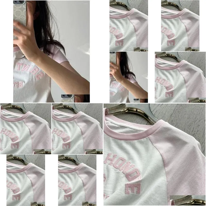 Women`s T Shirts Light Pink Letters Embroidery Women T-Shirt 2024 Spring/summer O-Neck Short Sleeve Sweet Contrast Tee Tops