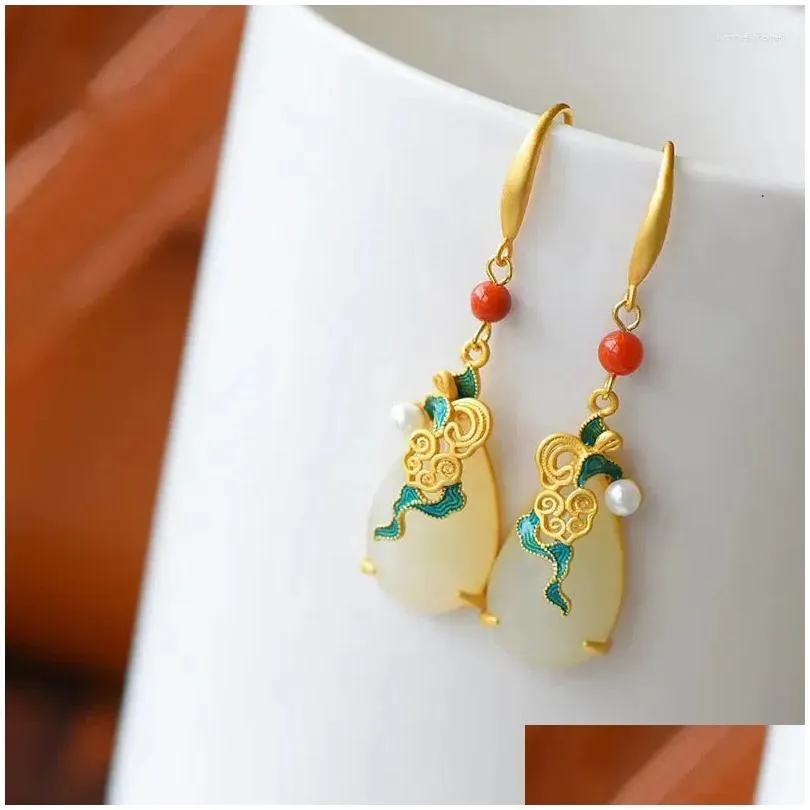 Dangle Earrings Natural Hetian Jade Water Drop Vintage Ethnic Style Chinese Han Costume Classical Sterling Silver Gilding Ruyi