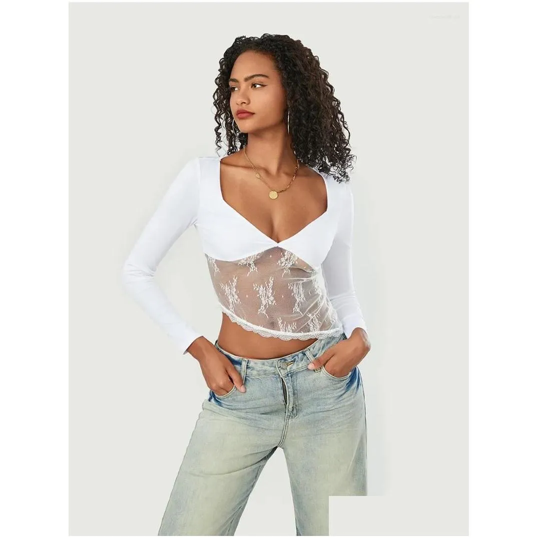 Women`s T Shirts Women Y2k Lace Long Sleeve Top Sexy Mesh See Through Floral Slim Fit V Neck Cropped Going Out Streetwear