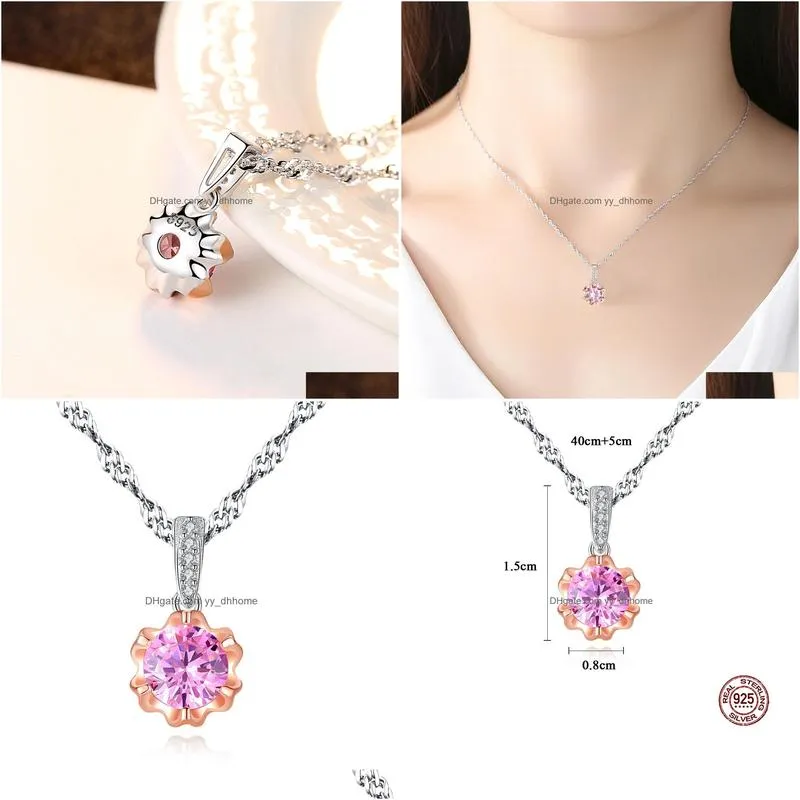 korea sweet style colorful gemstone s925 silver pendant necklace fashion women shiny zircon rose gold clavicalis chain necklace