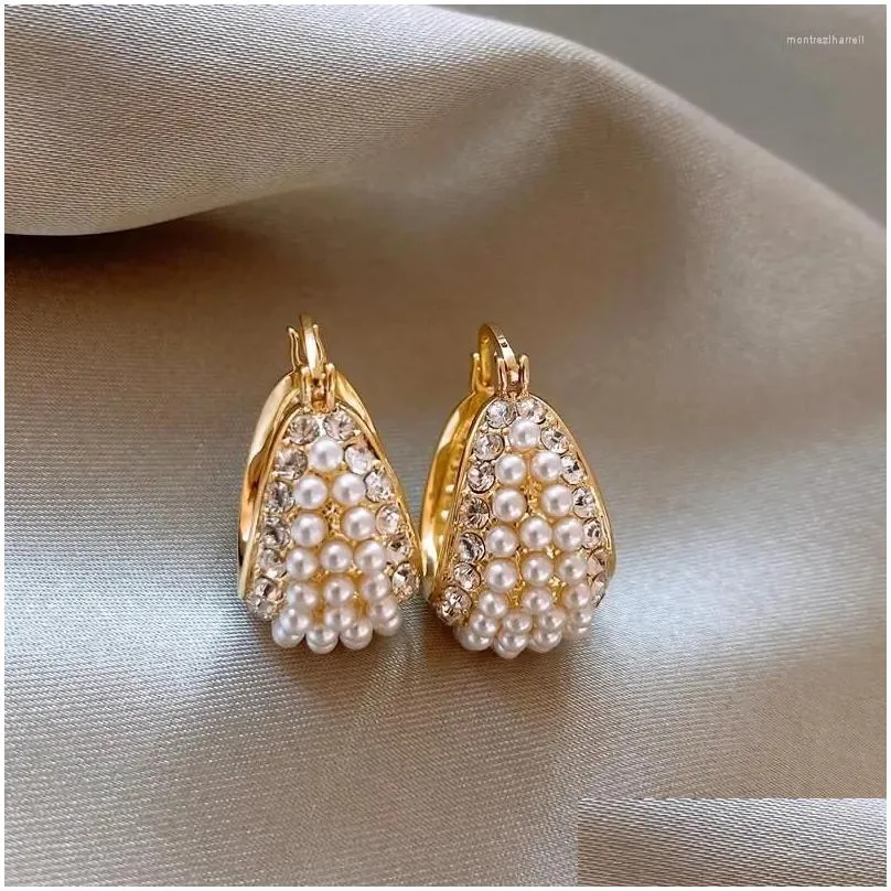 Hoop Earrings Korea Design Fashion Jewelry 14K Gold Plated U-shaped Basket Pearl Crystal Elegant Women`s Daily Work Accessories