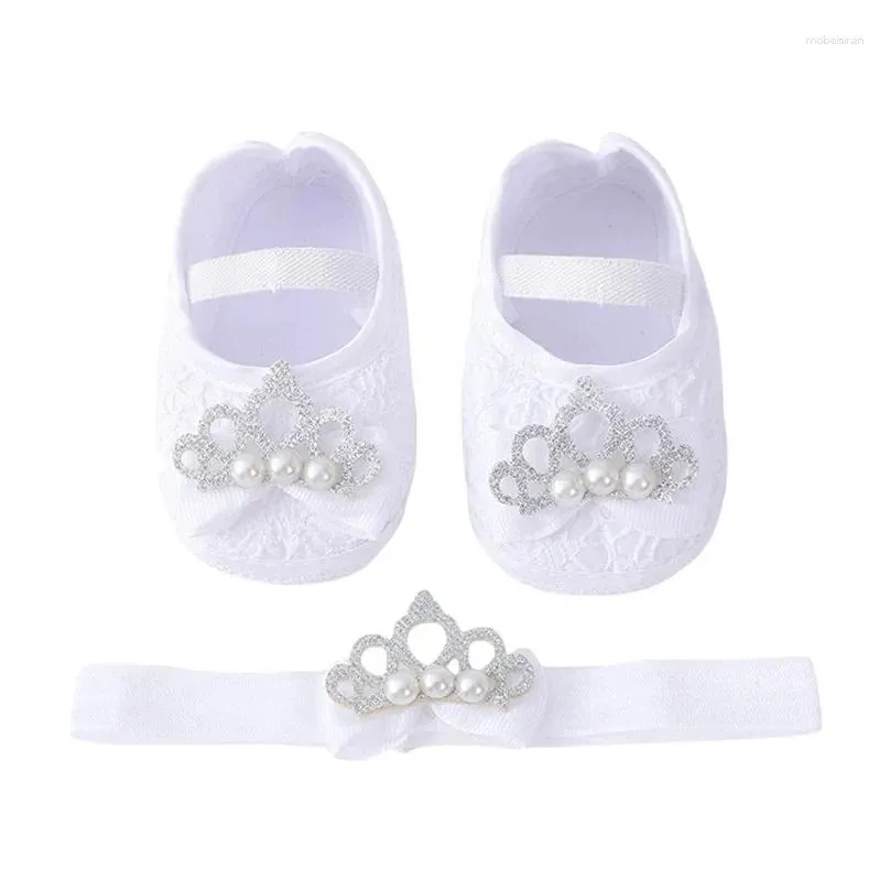 First Walkers 2pcs Set Born Baby Girls Princess Mary Jane Shoes Wedding Dress Flat With Free Headband