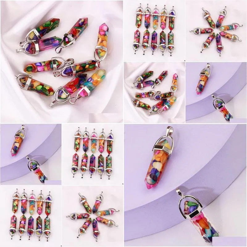 Resin Hexagonal Column Chakra Pendants Healing Crystal Charms For Necklace Jewelry Making