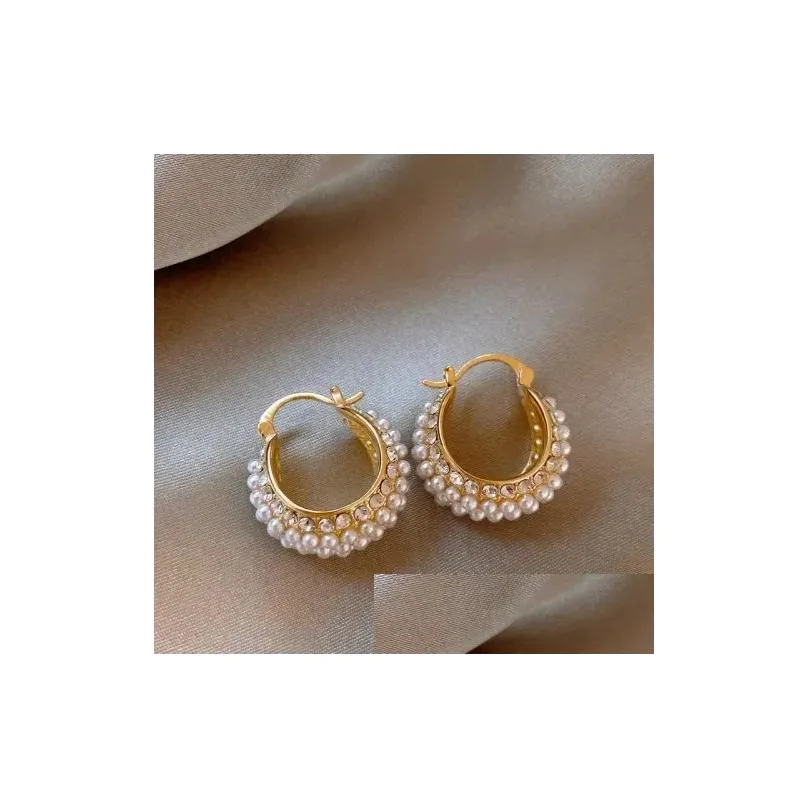 Hoop Earrings Korea Design Fashion Jewelry 14K Gold Plated U-shaped Basket Pearl Crystal Elegant Women`s Daily Work Accessories