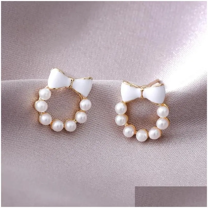 Stud Earrings 2024 Korean Elegant Fashion Round Crystal Wreath Bow For Women Imitation Pearls Jewelry Oorbellen Gift