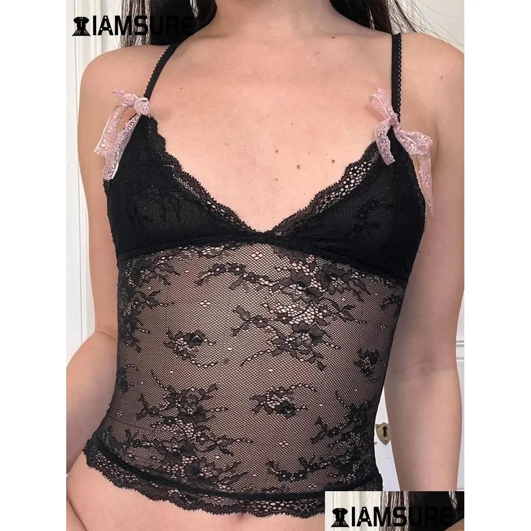 Women`s Tanks IAMSURE Sexy Slim Lace Camis Tops See Through Solid Bow Deep B-Neck Sleeveless Crop Women 2024 Summer Fashion Streetwear