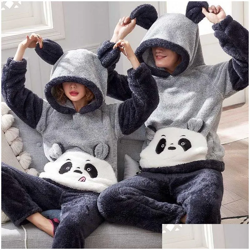 Unisex adult couple pajamas men winter velvet sleepwear 2 pieces warm flannel pajamas set animal cartoon cute home clothes5744398