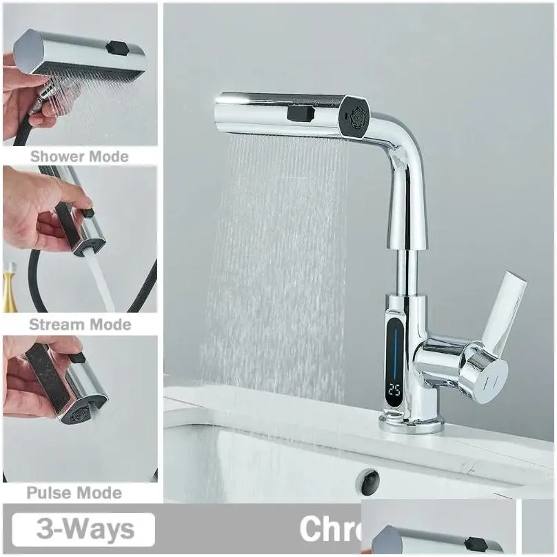 Bathroom Sink Faucets Digital Display Basin Faucet Pull Out Lifting 3 Ways Nozzle Rainfall Stream Sprayer Cold Water Mixer Tap