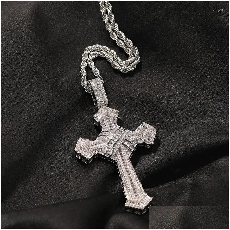 Pendant Necklaces Hip Hop 3A CZ Stone Paved Bling Iced Out Tie Cross Pendants Necklace For Men Rapper Jewelry Drop