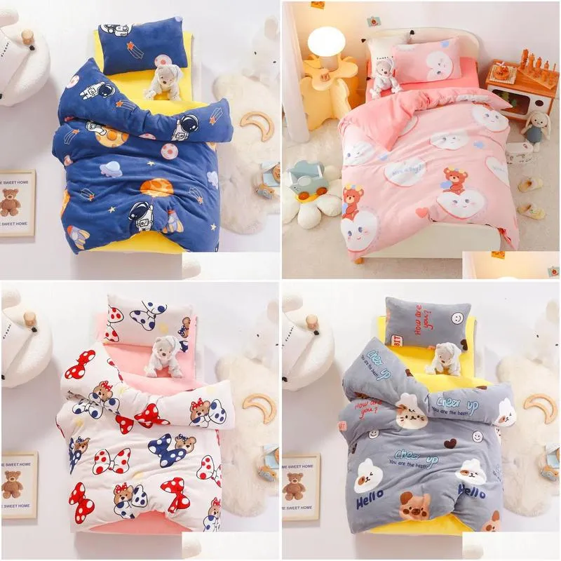 3pcs Cartoon Cotton Crib Linen Kit Baby Coral Fleece Bedding Set Includes Pillowcase Bed Sheet Duvet Cover Without Filler CP11 240304