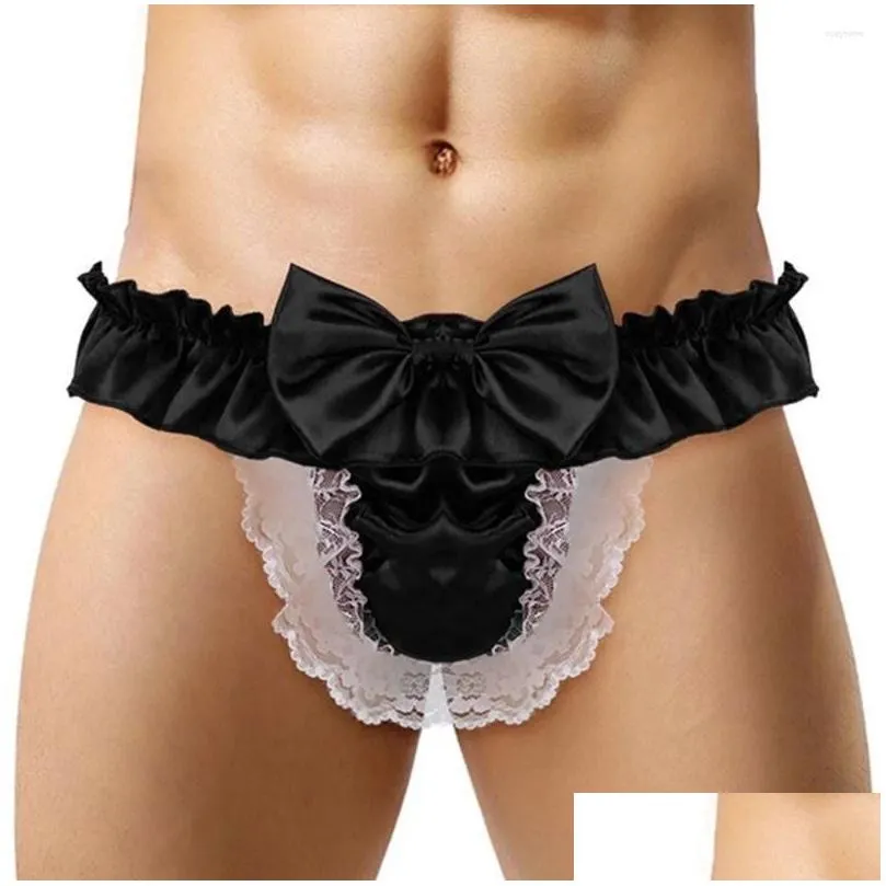 Underpants Men Sissy Bow-knot See-through Panties Satin Bikini G-String Thong Briefs Uniform Temptation Sexy Smooth Underwear