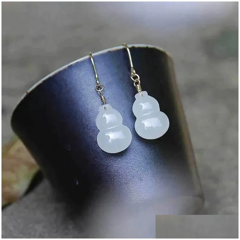Dangle Earrings Natural Hetian Jade White Gourd S925 Sterling Silver Trendy Exorcising And Fortune Drawing Ornament For
