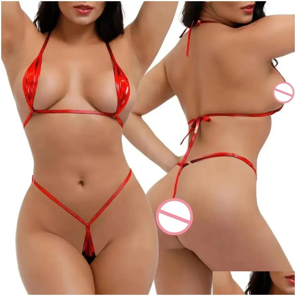 Women Shiny Erotic Mini Bikini Porno Cosplay Sexy Lingerie Set Open Bra Micro G String Thong Leather Sexy Underwear Costumes