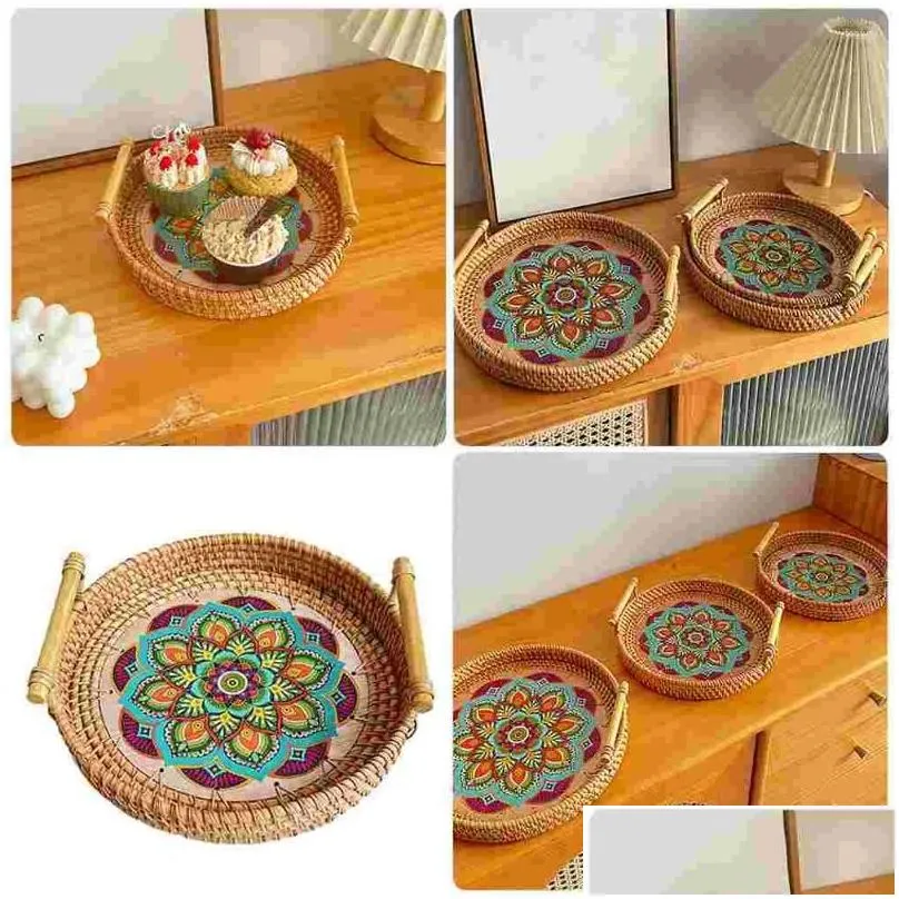 Disposable Dinnerware Color Printed Breakfast Tray Decor For Office Fruit Plates Desktop Kitchen Decoration Dish Rattan