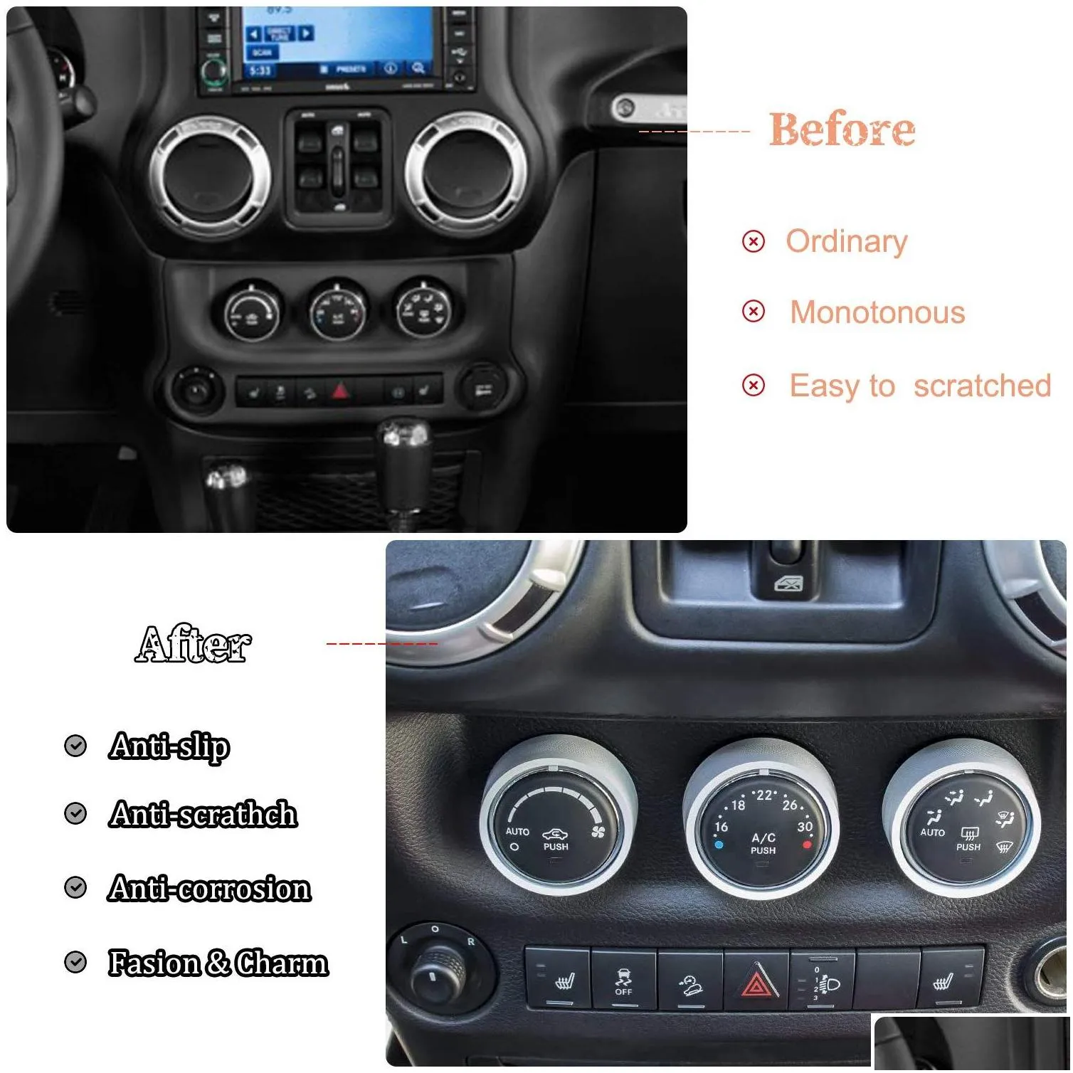 Audio Air Conditioning Button Cover Decoration Twist Switch Ring Trim Interior Accessories for Jeep Wrangler JK 2011-2018/10-17
