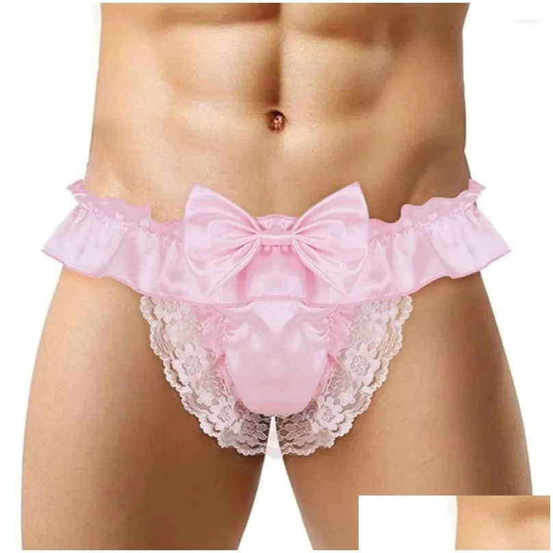 Underpants Men Sissy Bow-knot See-through Panties Satin Bikini G-String Thong Briefs Uniform Temptation Sexy Smooth Underwear