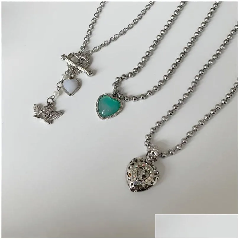 Pendant Necklaces Minar Korean Trendy Angel Love Heart Hollow Out Necklace For Women Shiny Rhinestone Toggle Clasp Circle Jewelry