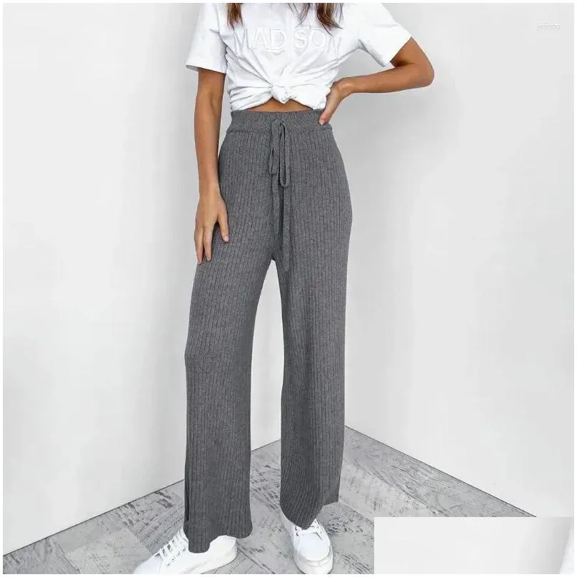 Women`s Pants Casual Loose Knitted Drawstring Long Trousers Ladies High Waist Straight 2024 Summer Women Solid Wide Leg