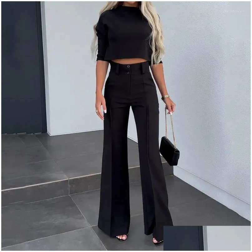 Women`s Two Piece Pants Spring And Autumn Set Sexy Temperament Short Top Waist Tight Single Color Casual