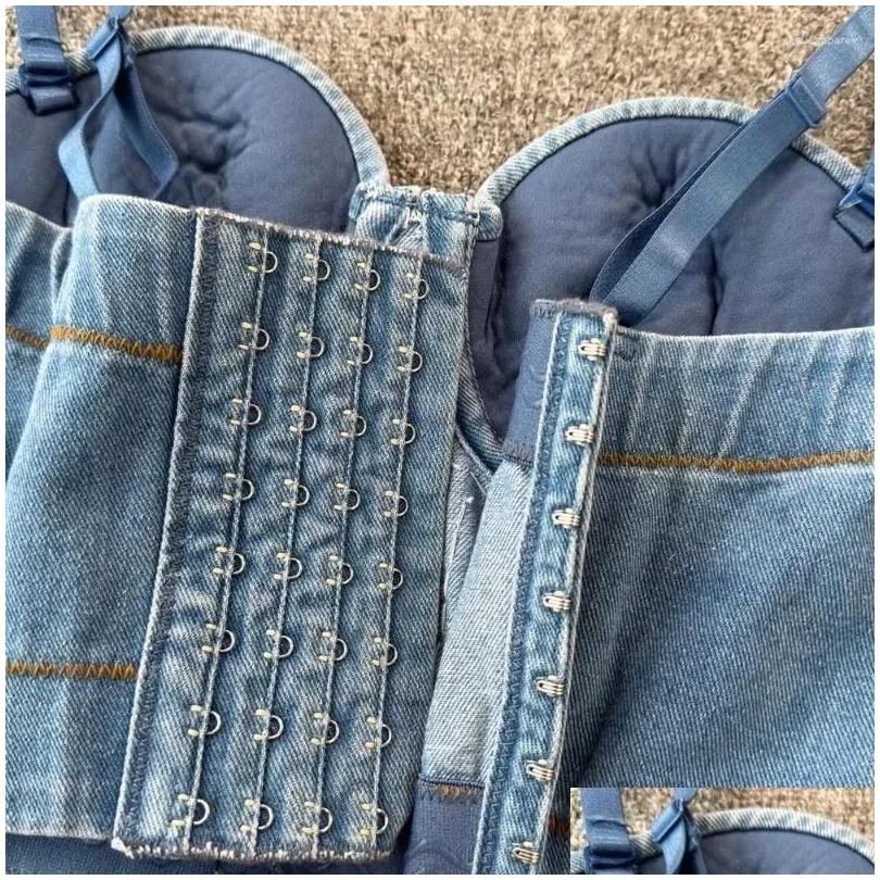 Women`s Tanks Spaghetti Strap Jeans Tank Top Backless Zipper Denim Camisole Female Sleeveless Elastic Korean Fashion Outwear Drop