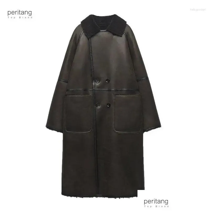 Women`s Leather PERITANG Winter Medium Length Double-side Coat Artificial Wool High Quality Thicken Trench Outwear Mujer