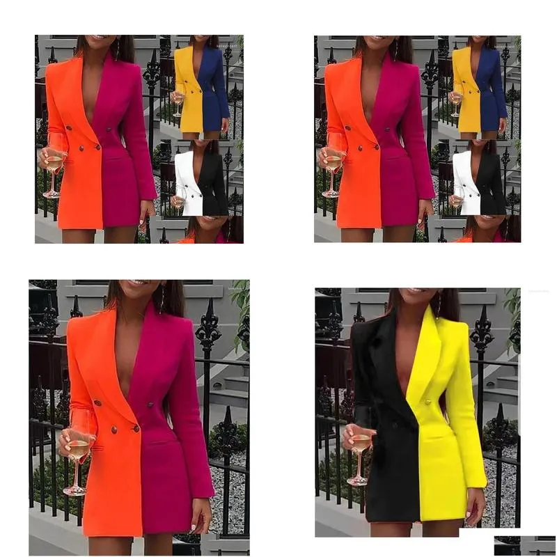 Women`s Suits 2024 Autumn And Winter Color Collision Splicing OL Professional Dresses V Collar Cardigan Blazer Short Skirt
