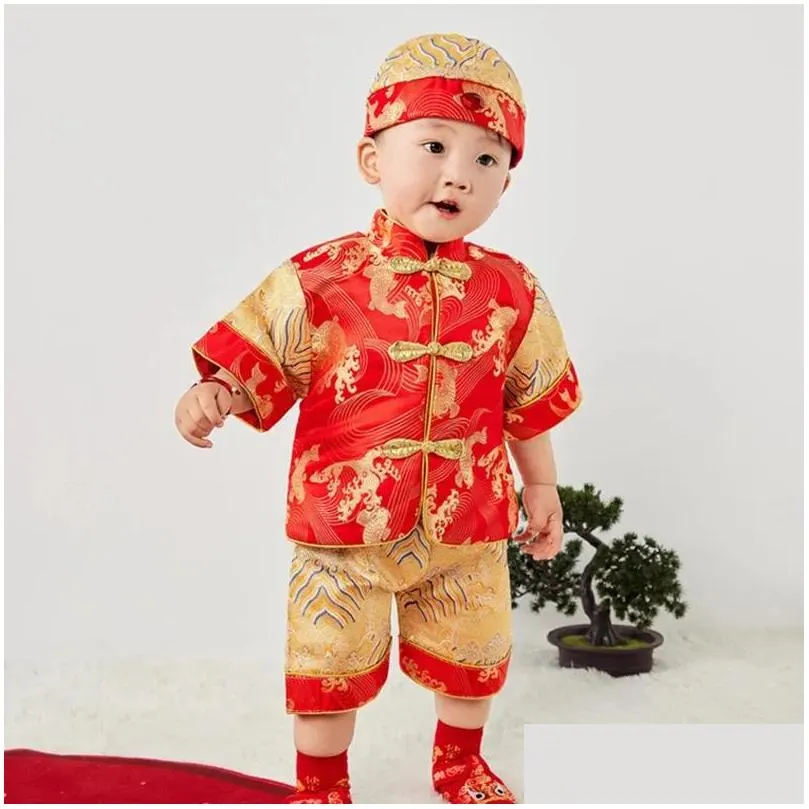 Ethnic Clothing Baby Boys Chinese Style Embroidered Hanfu Tops Pants Hat Sets Tang Suit Kids Year Birthday Outfits Oriental