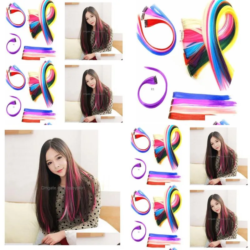 New Straight Colored Colorful Clipin Clip On In Hair Extension womens random color Purple Red 9840672