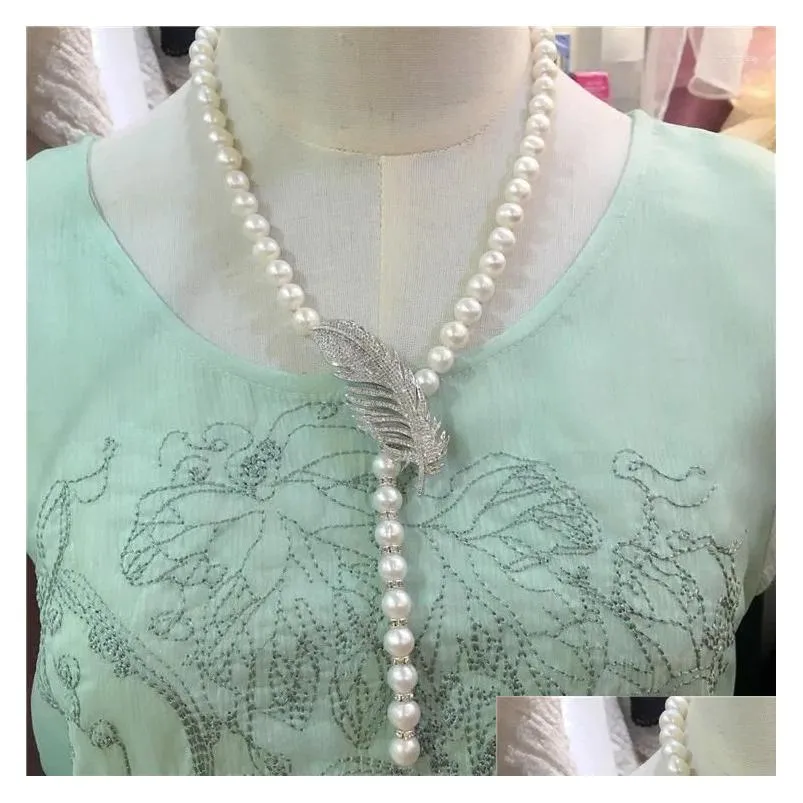 Chains Beautiful 8-9mm White Freshwater Pearl Micro Inlay Zircon Leaves Buckle Accessories Necklace Long 90cm