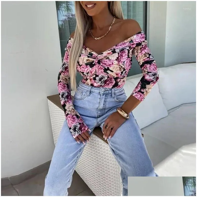Women`s Blouses Women Elegant Flower Print Blouse Spring Sexy Off Shoulder Long Sleeve Shirt Autumn Fashion Twisted Knot Slim Pullover