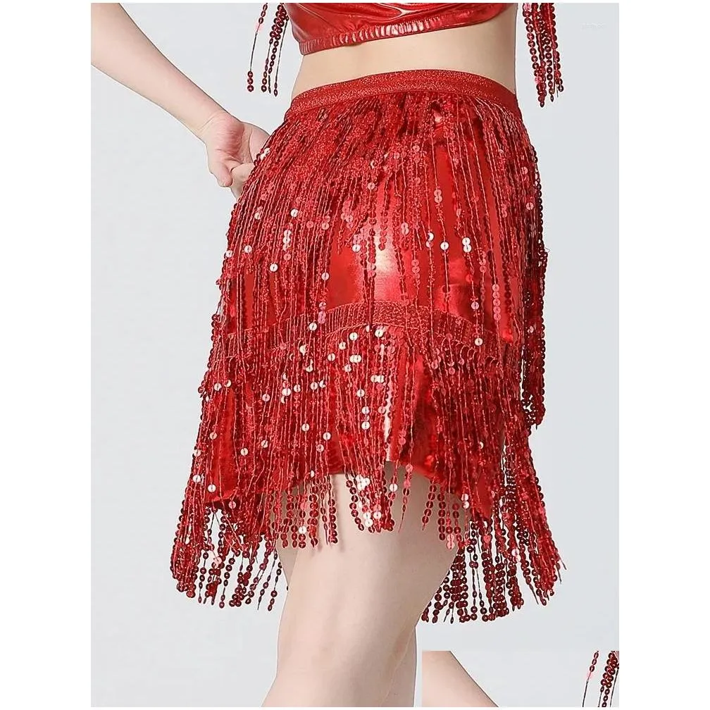 Skirts Women Sexy Belly Skirt Sequin Fringe Mini Shiny Dance Performance Rave Party Elastic Waist 3 Layers Bodycon