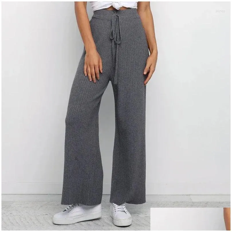 Women`s Pants Casual Loose Knitted Drawstring Long Trousers Ladies High Waist Straight 2024 Summer Women Solid Wide Leg