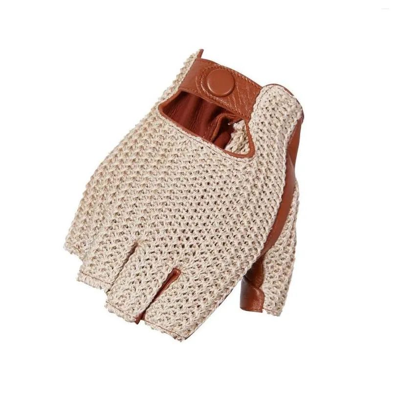 Cycling Gloves Men`s Half-finger Leather Anti-skid Motorcycle Driving Woven Goatskin Touch Screen Thin Section