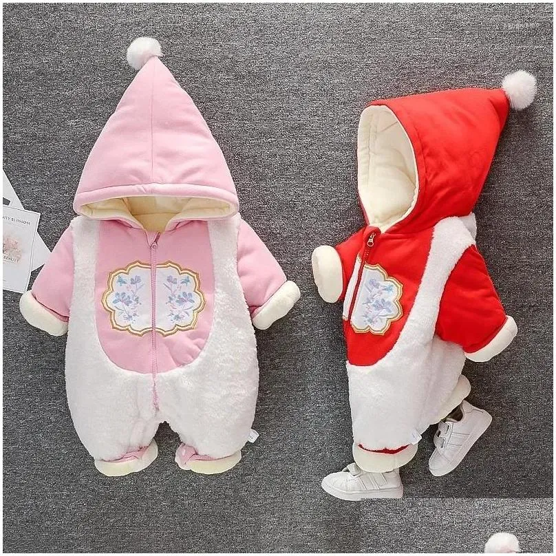 Ethnic Clothing 2024 Winter Baby Cotton Long-sleeved One-piece Thickened Boy And Girl Chinese Knot Year Tang Suit 0-2 Years Old