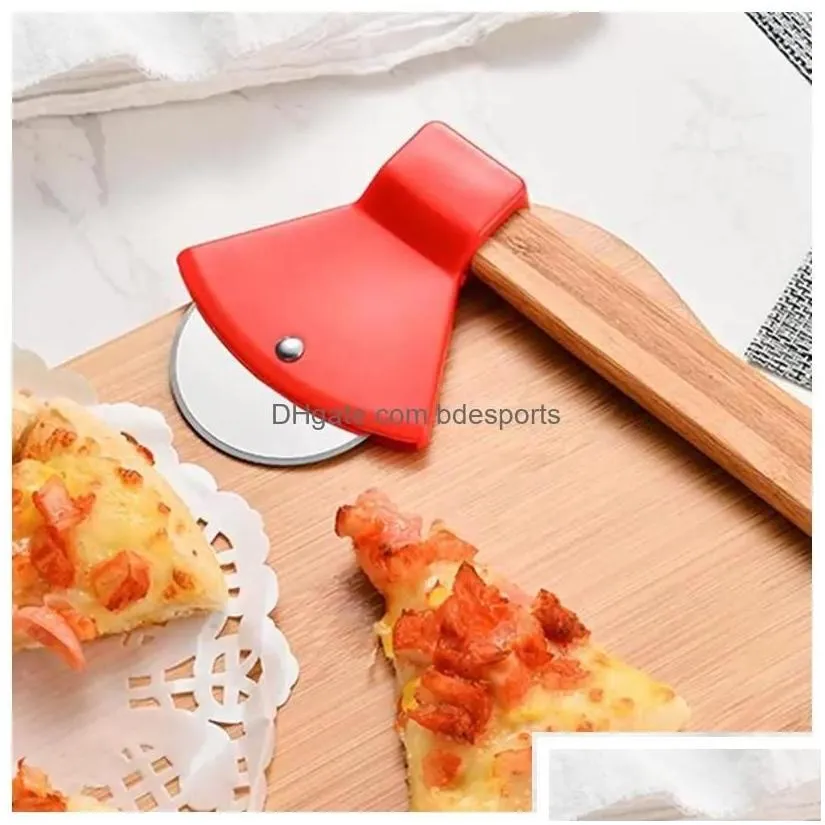 fruit vegetable tools axe bamboo handle pizza cutter rotating blade home kitchen cutting tool inventory wholesale drop deliv delivery