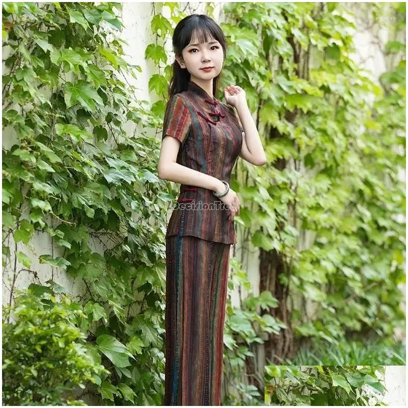 Ethnic Clothing 2024 Chinese Style Casual Retro Cheongsam Set Women`s Summer Short Sleeve Top Long Pants Vintage Two Piece Printed