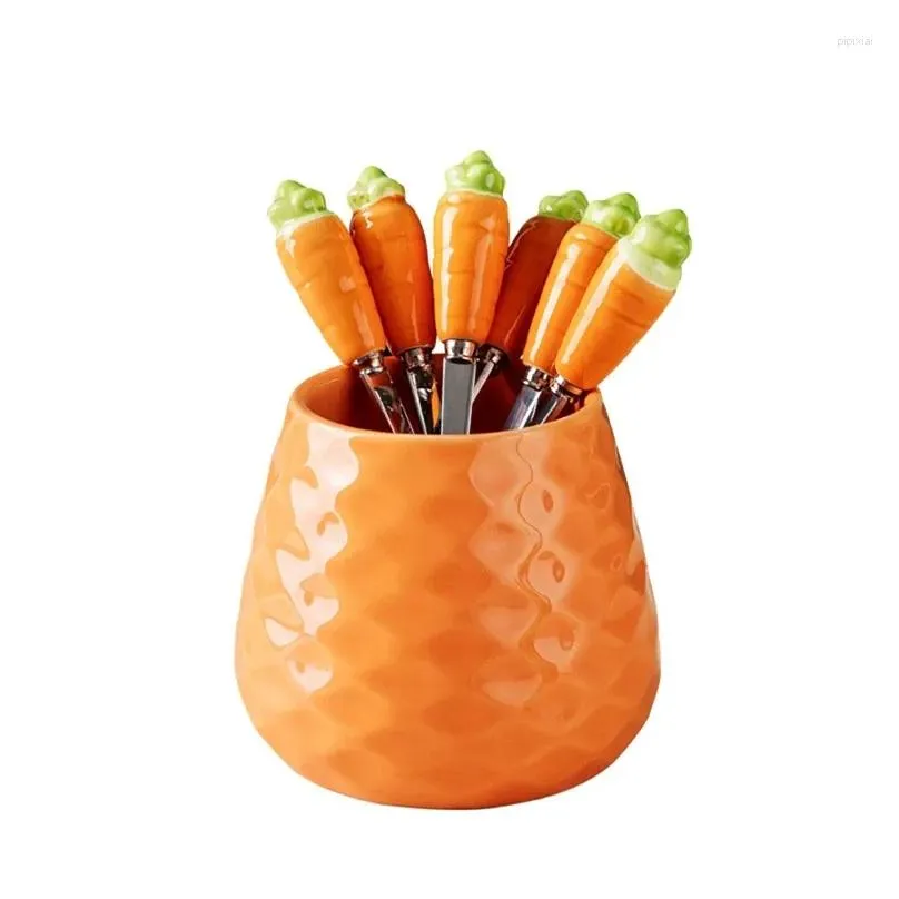 Dinnerware Sets Cute Ceramic Jar Fruit Fork Set 304 Stainless Steel Cake Home Party Dessert Storage Child Tableware