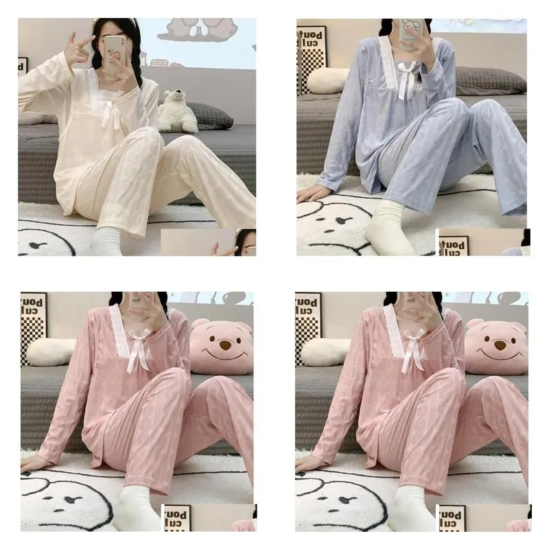Pregnant women`s pajamas, postpartum nursing clothes, large-sized long sleeved home clothing, can be worn externally in thin styles