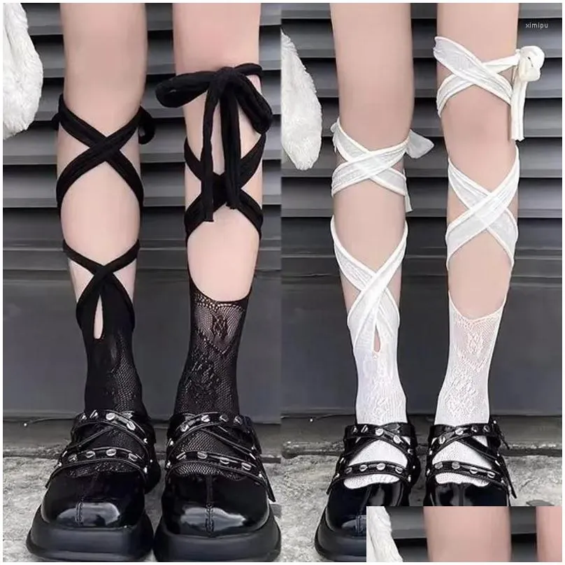 Women Socks Bandage JK Woman Black White Lolita Long Tight Cross Lace-Up Thigh High Thin Sock Kawaii Cos Sexy Cotton Stockings