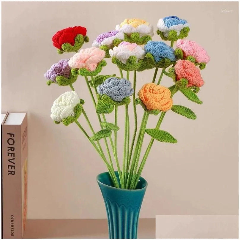 Decorative Flowers 5pcs/bag DIY Knitting Bouquet Rose Flower Hand-Knitted Fake Knit Home Table Wedding Gifts