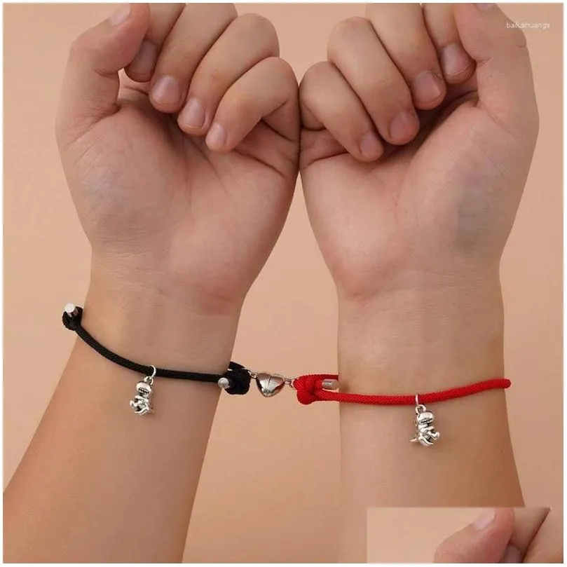 Charm Bracelets 2pcs Magnetic Stainless Steel Dinosaur Pendant Heart Couple Lover Friend Men Women Braid Rope Bangle