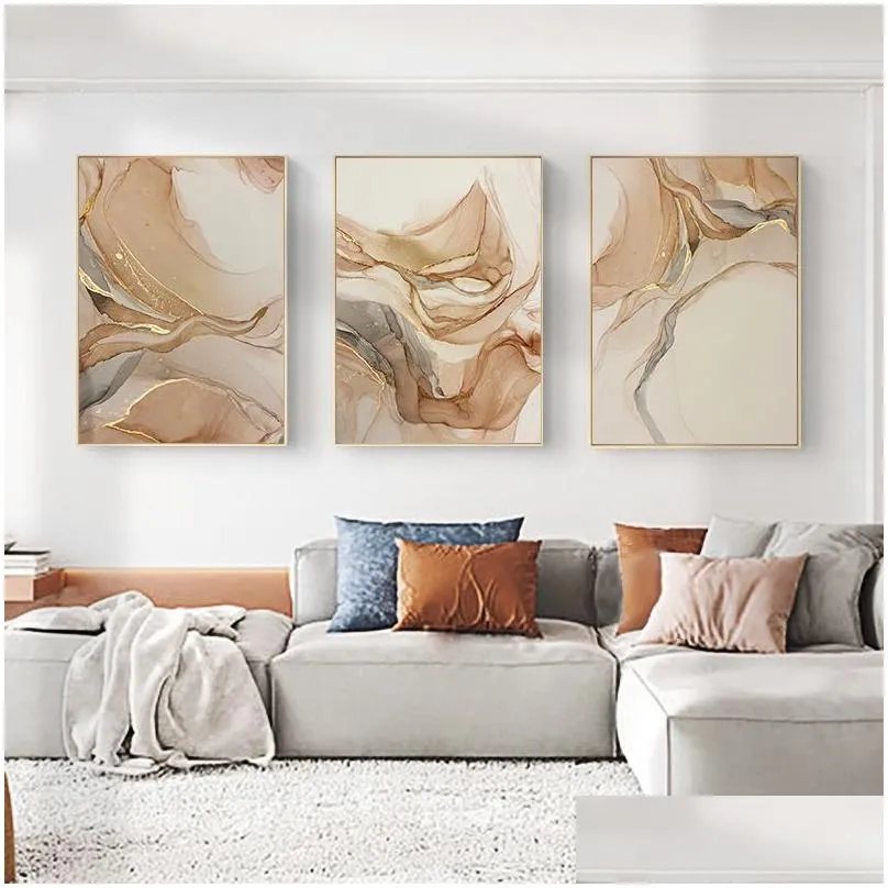 Paintings Beige Marble Poster Canvas Painting Nordic Modern Fashion Abstract Gold Luxury Home Decor Wall Art Print For Living Room P Dhbvl