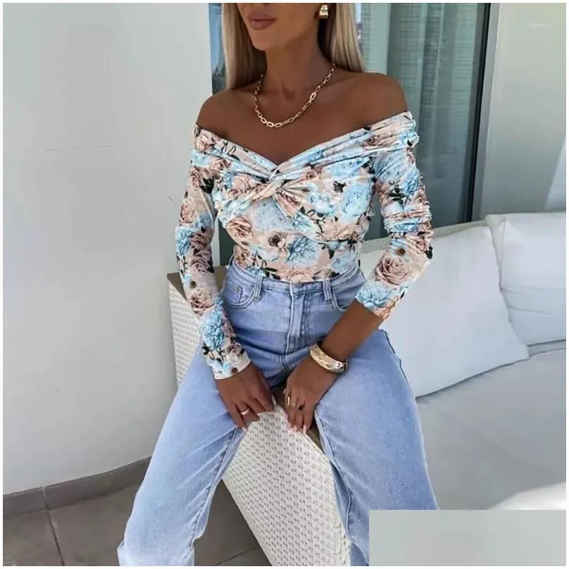 Women`s Blouses Women Elegant Flower Print Blouse Spring Sexy Off Shoulder Long Sleeve Shirt Autumn Fashion Twisted Knot Slim Pullover