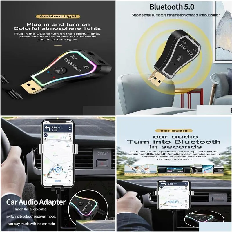 Bluetooth 50 o Receiver Transmitter 7 Colors Led Backlit Wireless Car 35mm Adapter For Headphone TV Computer USB interfacea32468883