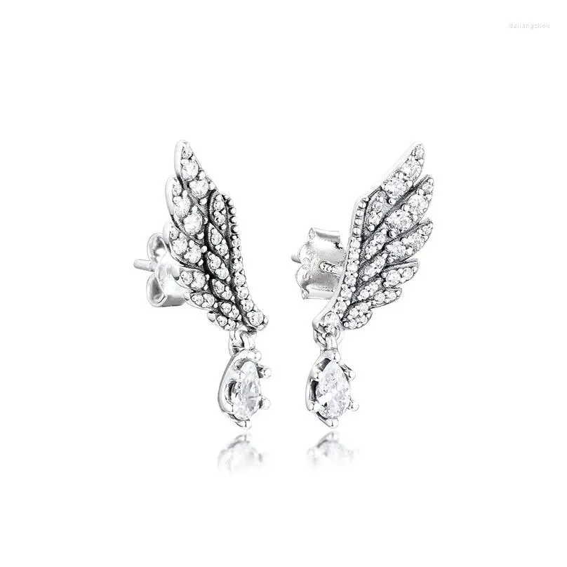 Stud Earrings Authentic 925 Sterling Silver Dangling Angel Wing For Women Clear CZ Earing Original Jewelry Ear Rings Brincos